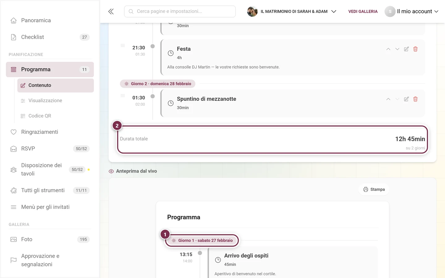 Fine dell'elenco dei punti del programma con evidenziati il separatore dei giorni e il piè di pagina Durata totale