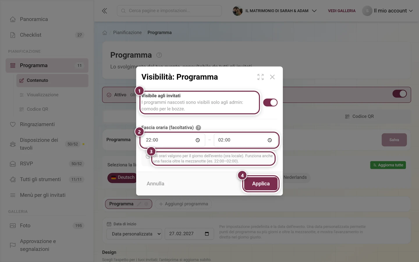 Finestra Visibilità: Programma con evidenziati l'interruttore, i due campi orari, l'avviso e il pulsante Applica