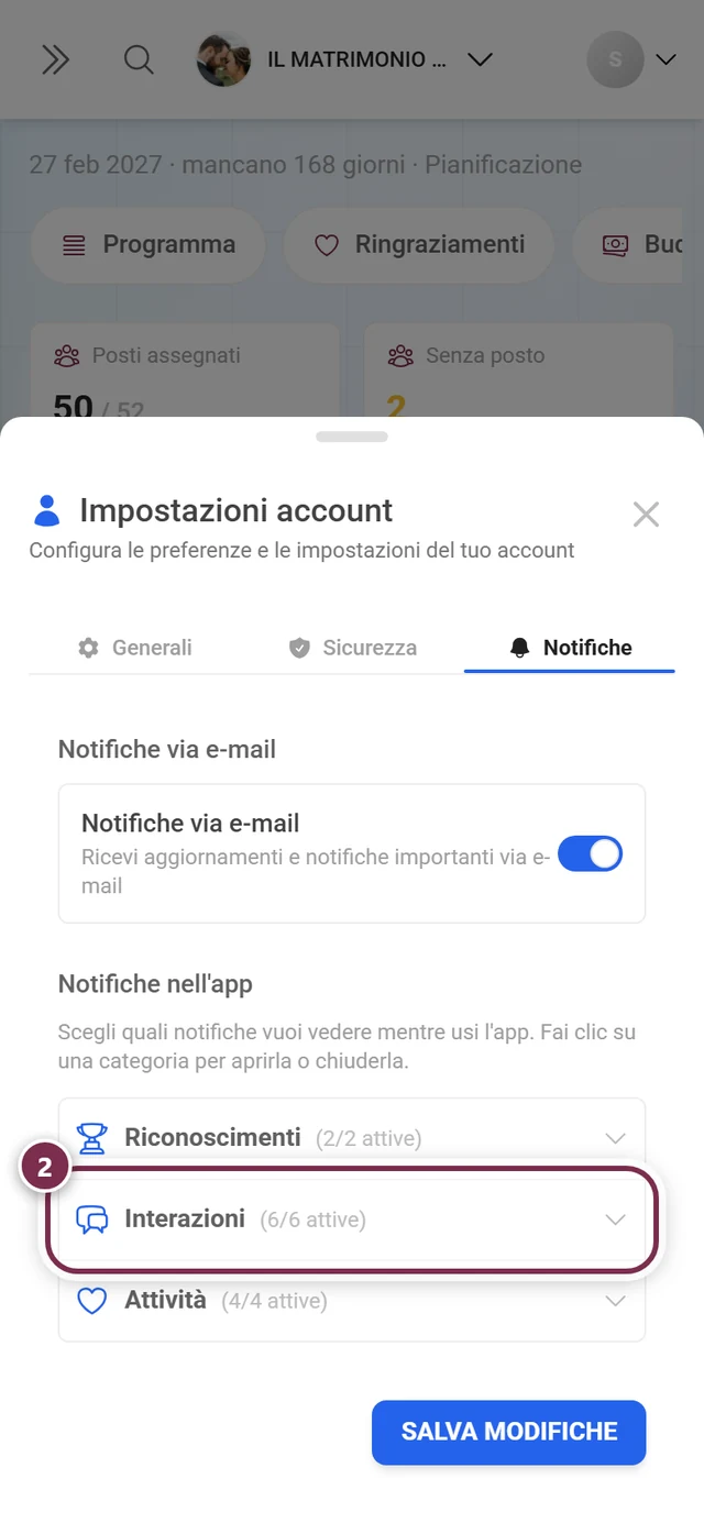 Scheda Notifiche con le tre categorie chiuse, l'intestazione Interazioni è evidenziata in rosso