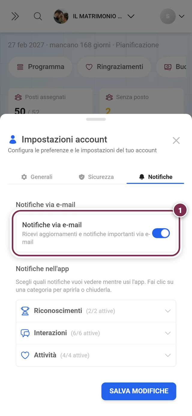 Scheda Notifiche con il riquadro Notifiche via e-mail evidenziato in rosso e l'interruttore a destra