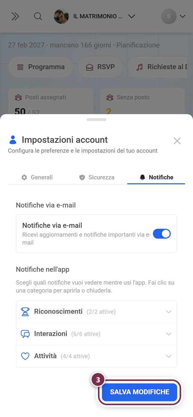 Parte finale della scheda Notifiche con il pulsante Salva modifiche evidenziato in rosso