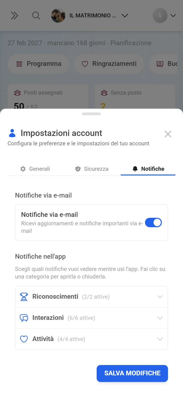 Finestra Impostazioni account con la scheda Notifiche attiva