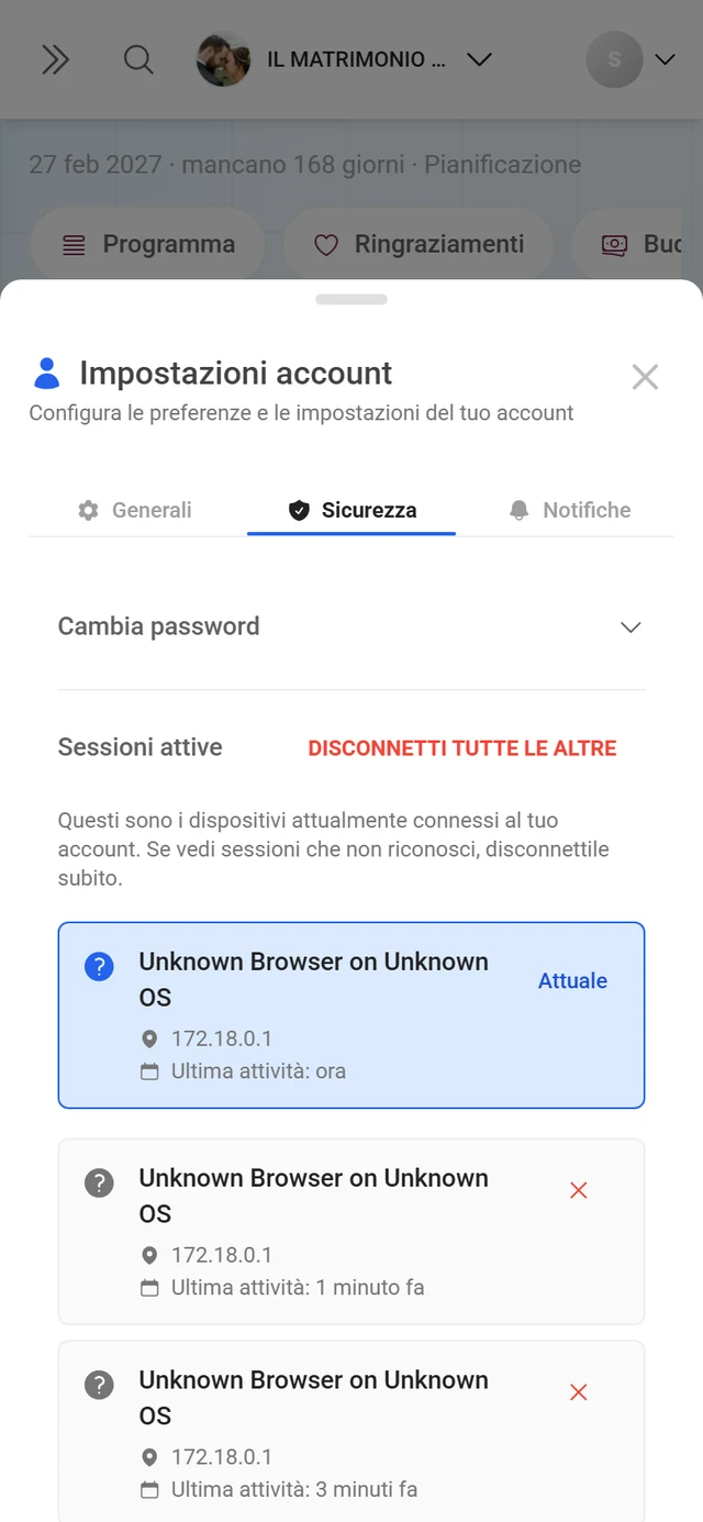 Scheda Sicurezza delle impostazioni account con l'elenco delle sessioni attive