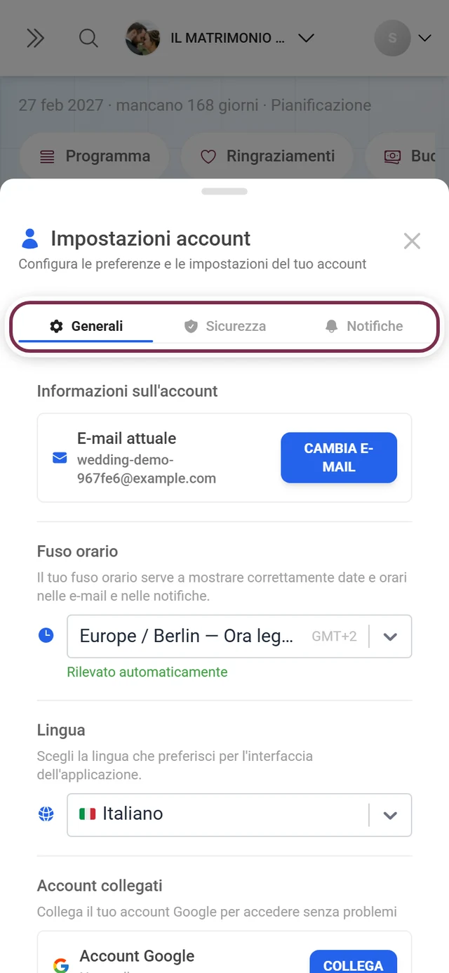 Finestra Impostazioni account con la barra delle schede evidenziata in rosso