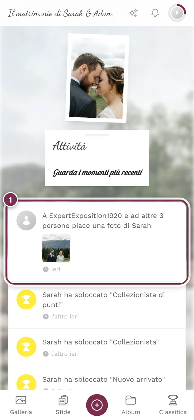 Feed delle attività, la riga più in alto e quindi più recente è evidenziata