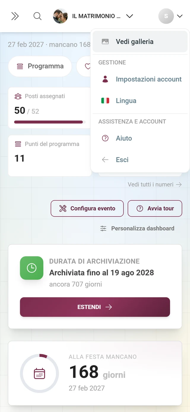 Menu Il mio account aperto con le sezioni Gestione e Assistenza e account