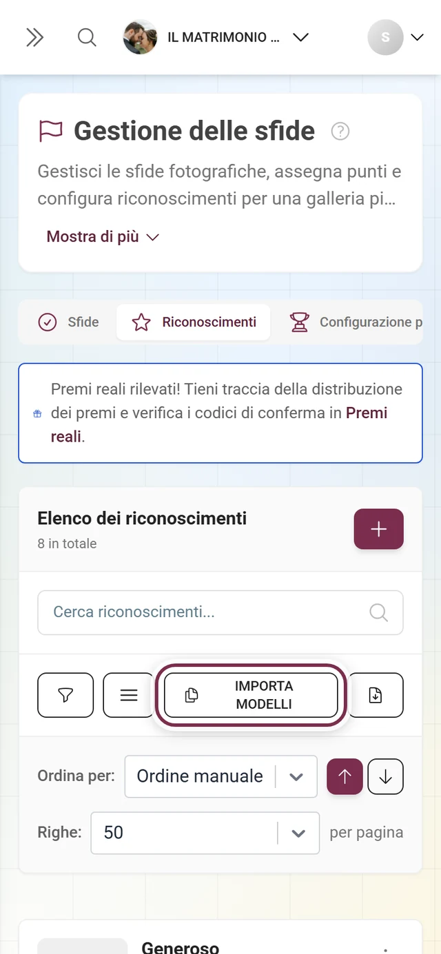 Barra degli strumenti della gestione dei riconoscimenti con il pulsante Importa modelli evidenziato in rosso