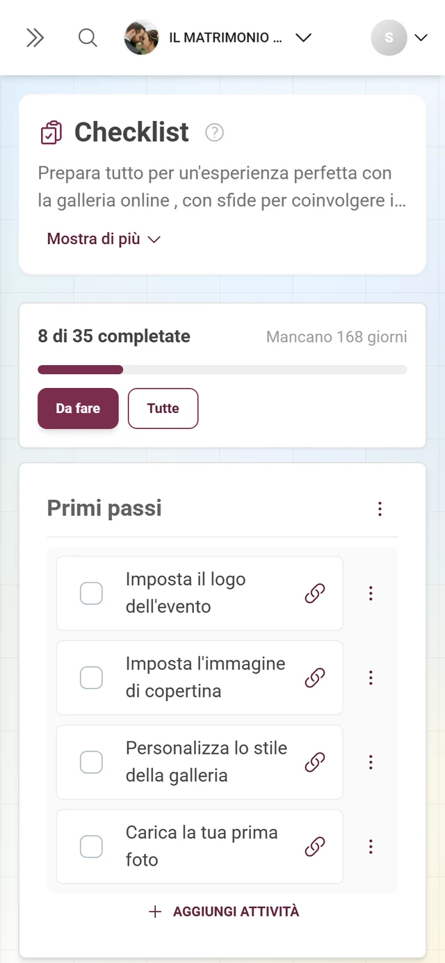 Checklist di configurazione con intestazione dei progressi, categorie e attività