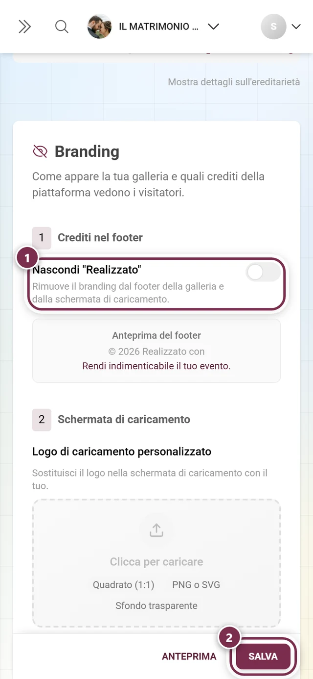 Sezione Crediti nel footer con l'interruttore e la barra di salvataggio evidenziati