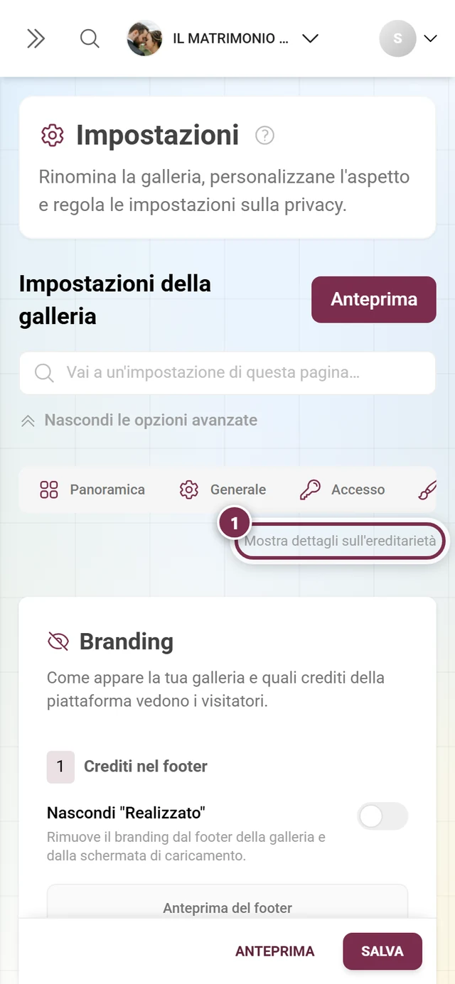 Scheda White-Label con l'interruttore per i dettagli sull'ereditarietà evidenziato
