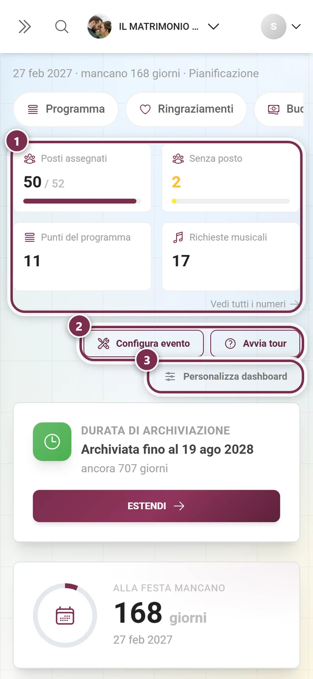 Dashboard di amministrazione con i pulsanti Configura evento, Avvia tour e Personalizza dashboard e la scheda Prossimi passi