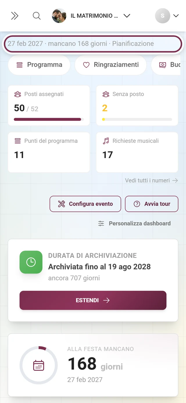 Intestazione della dashboard con il nome dell'evento e la riga con data, tempo rimanente e fase
