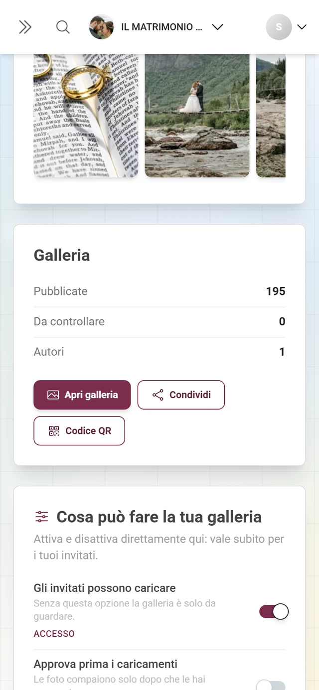 La scheda “Galleria” con i numeri e i pulsanti Apri galleria, Condividi, Codice QR
