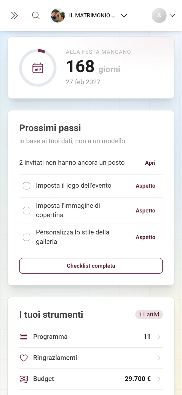 Scheda della dashboard Prossimi passi con passi ricavati e attività in sospeso