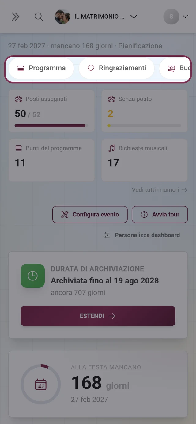 Barra orizzontale a pillole degli strumenti attivi sulla dashboard, su smartphone