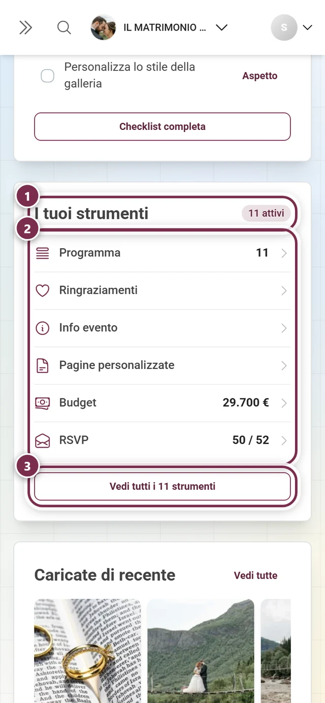 Scheda della dashboard I tuoi strumenti con gli strumenti attivi e i loro numeri