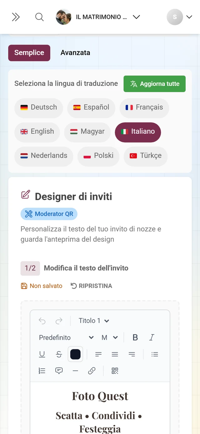 Editor rapido dei modelli con barra degli strumenti per aggiungere testo e creare l'invito