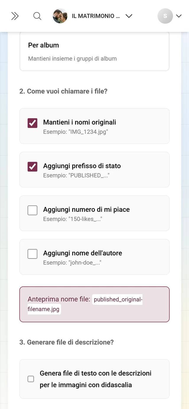 Passaggio 2 del download avanzato con le quattro caselle per i nomi e l'anteprima