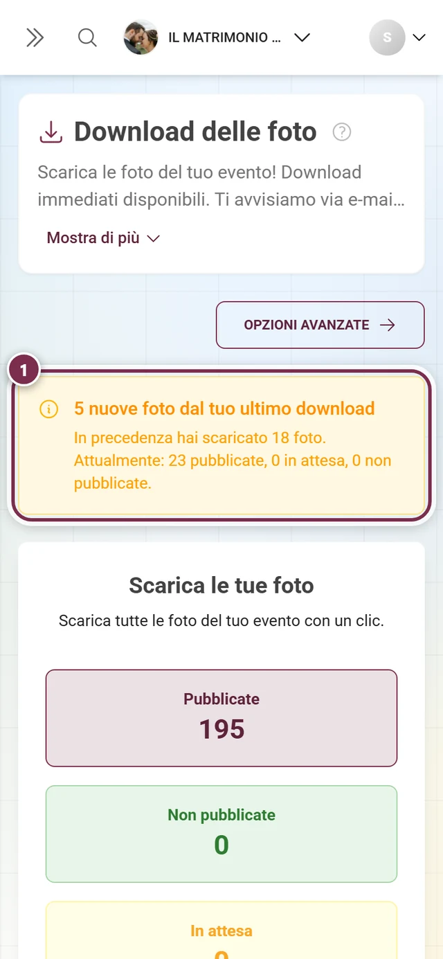Banner giallo con l'avviso delle nuove foto dall'ultimo download, evidenziato