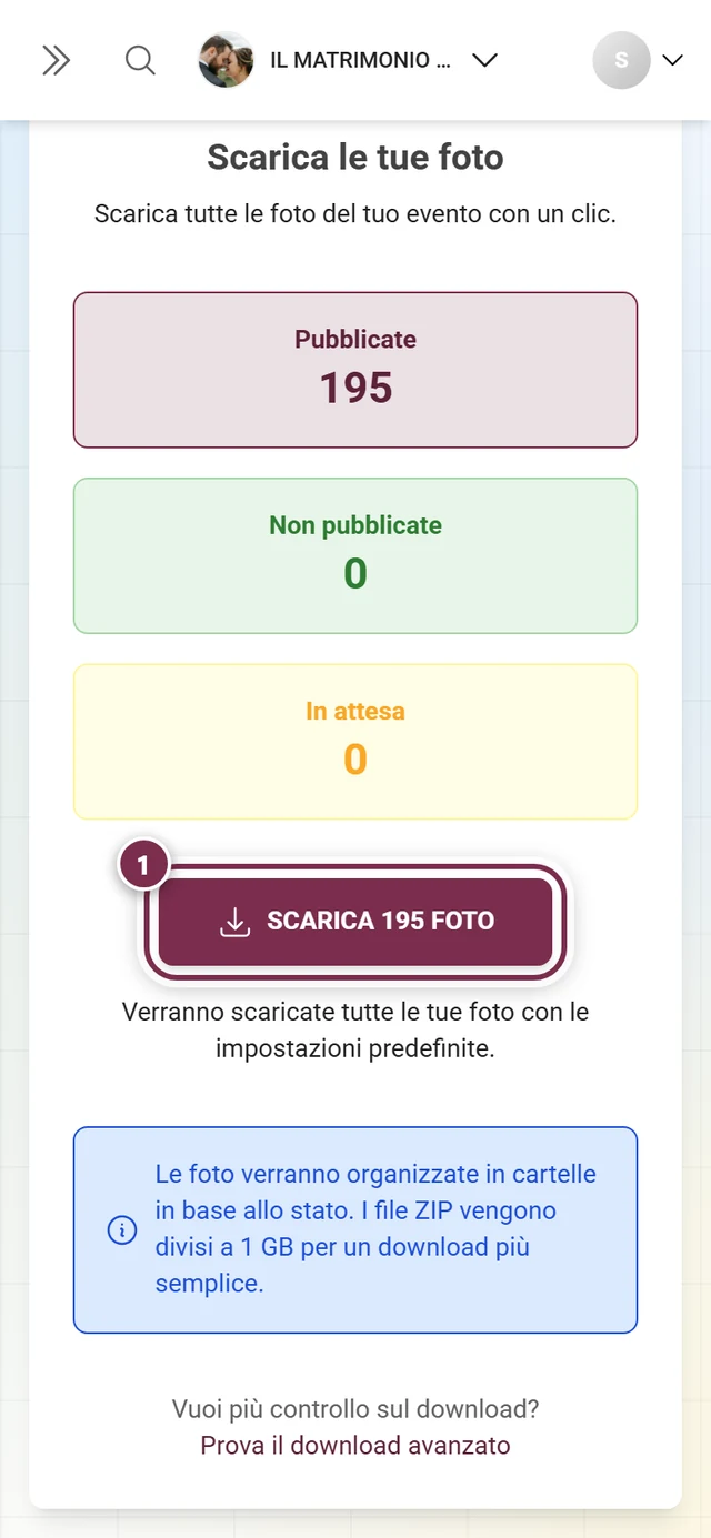 Il pulsante di download con il numero di foto, evidenziato