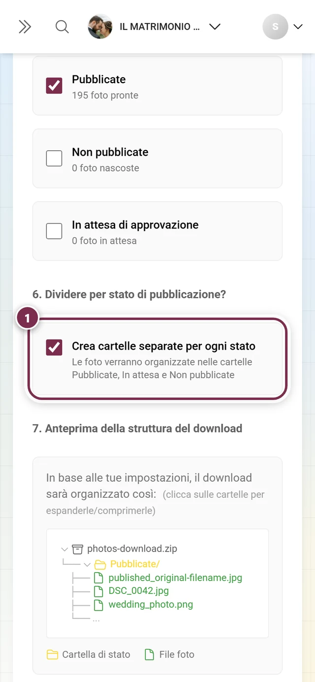 Passaggio 6 con la casella per la divisione per stato e l'anteprima della struttura delle cartelle, evidenziata