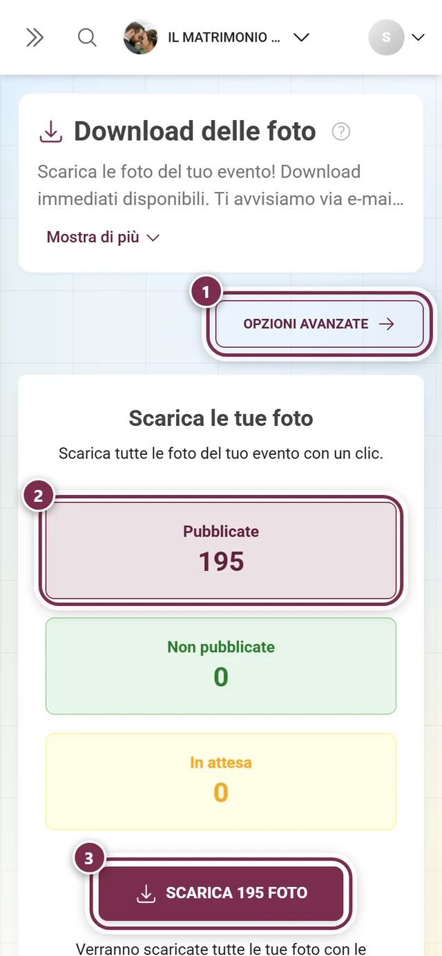 Pagina di download con il pulsante Opzioni avanzate, il riquadro degli stati e il pulsante Download evidenziati