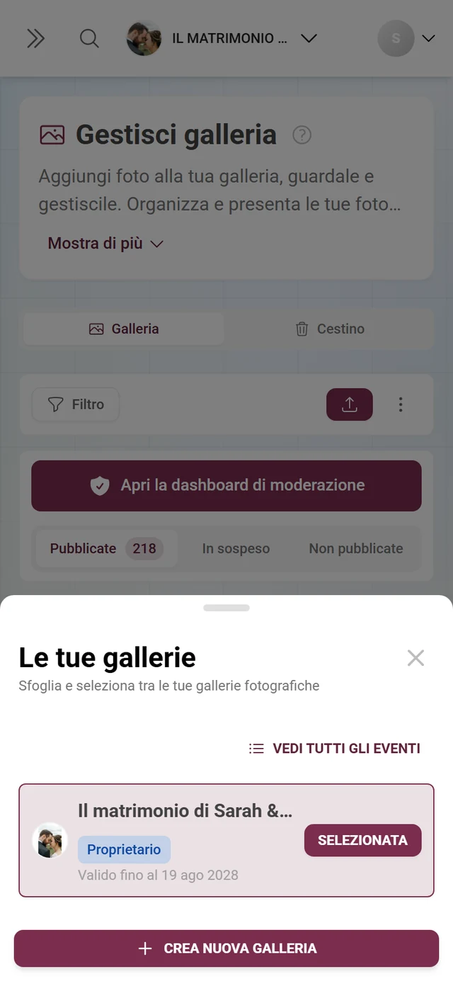 Finestra Le tue gallerie con una galleria, badge del ruolo Proprietario e pulsante Crea nuova galleria