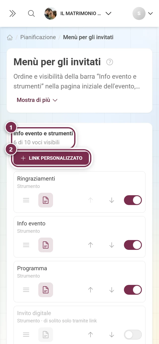 Editor del menù per gli invitati con titolo, contatore, il pulsante Link personalizzato e l'elenco ordinabile
