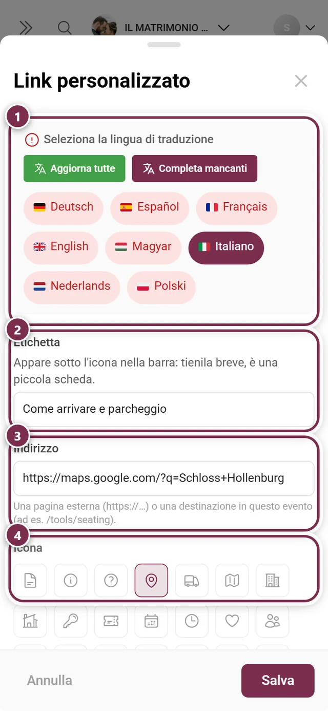 Finestra Link personalizzato con lingua di traduzione, etichetta, indirizzo e scelta dell'icona