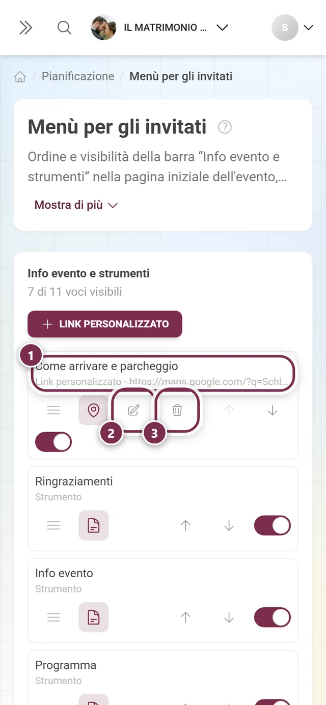 Riga di un link personalizzato con indirizzo, matita e cestino