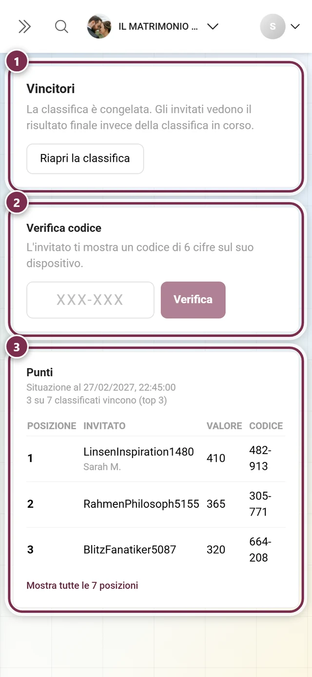 Pagina dei vincitori con il blocco Vincitori, il campo Verifica codice e la tabella di classifica Punti