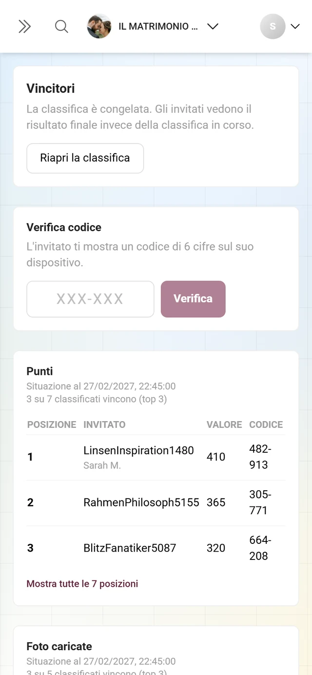Due tabelle una sotto l'altra, Punti e Foto caricate, ognuna con i propri vincitori