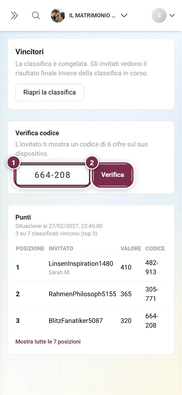 Il campo Verifica codice con il codice inserito e il pulsante Verifica