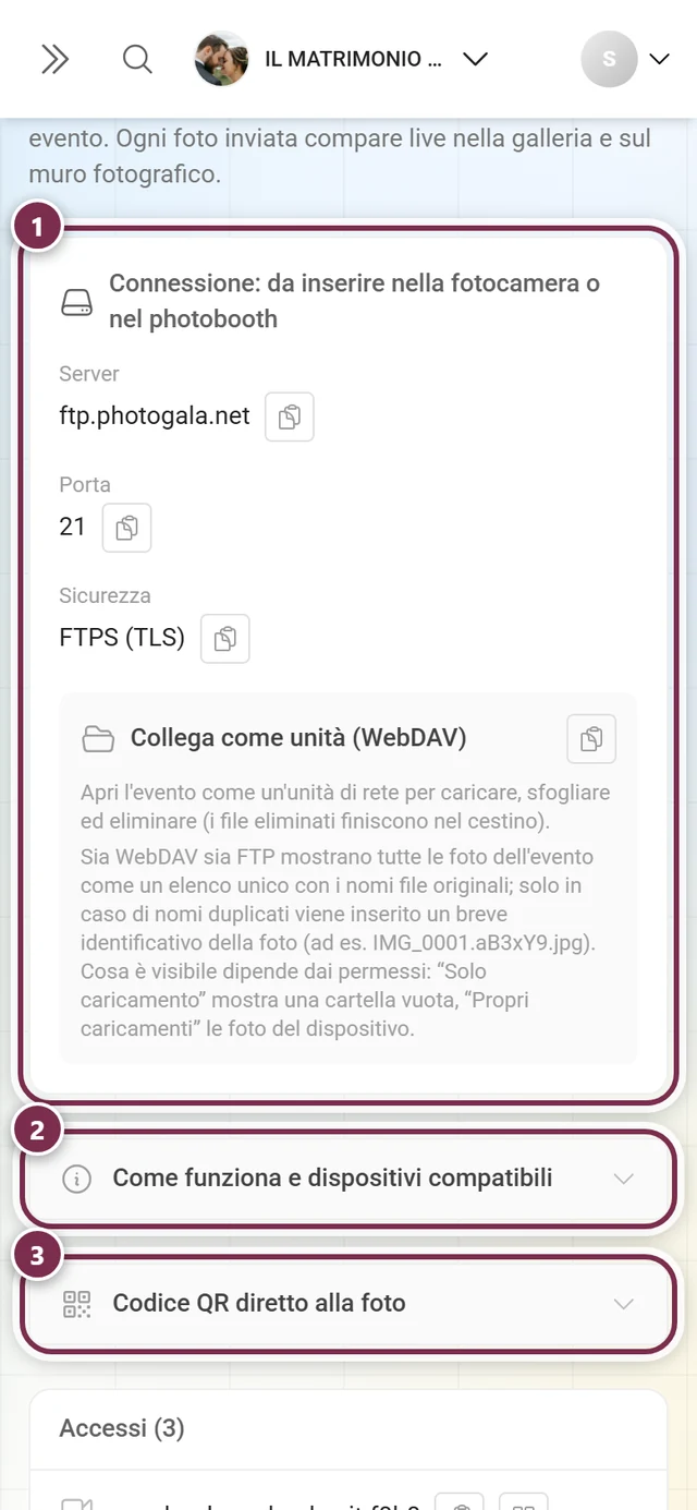 Pagina Caricamento live con la scheda di connessione evidenziata e le due aree espandibili