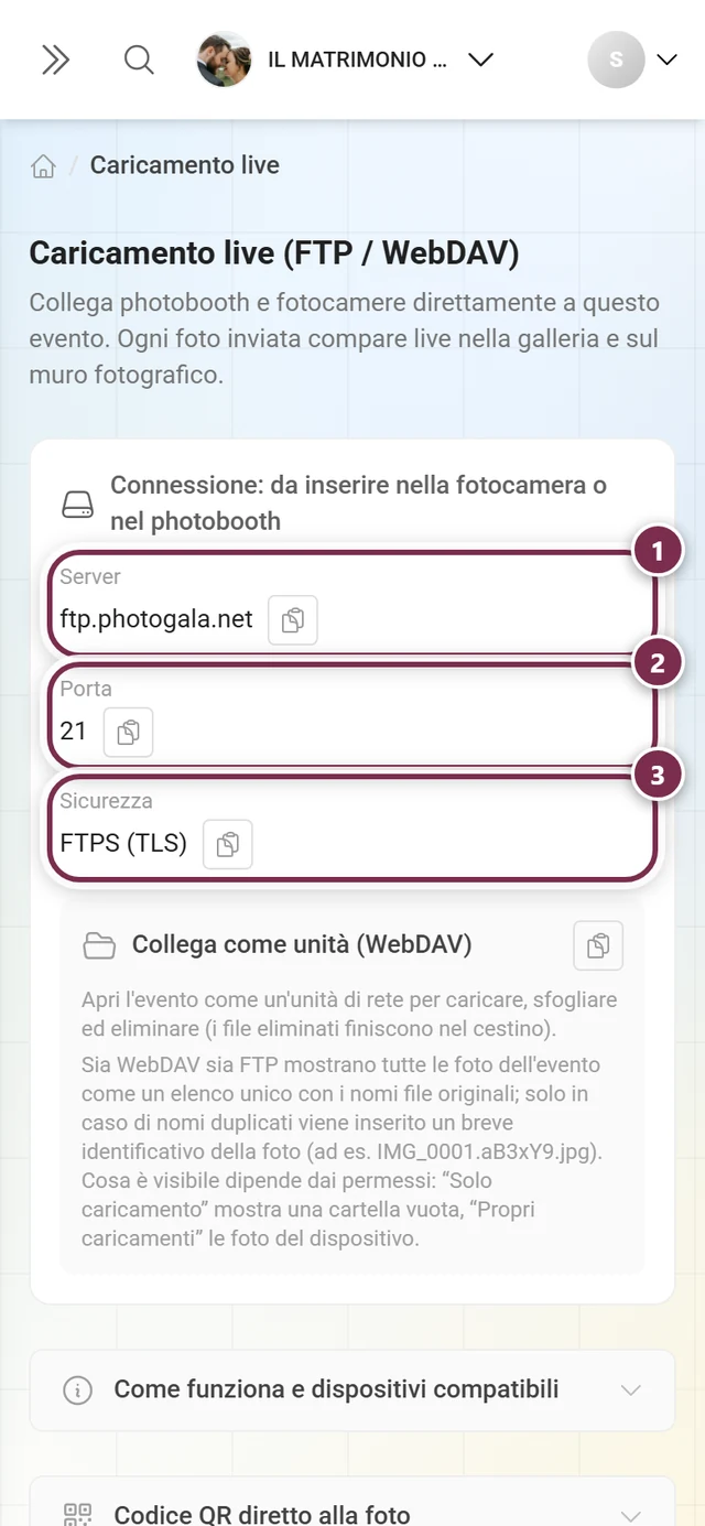 Scheda di connessione con i campi Server, Porta e Sicurezza evidenziati
