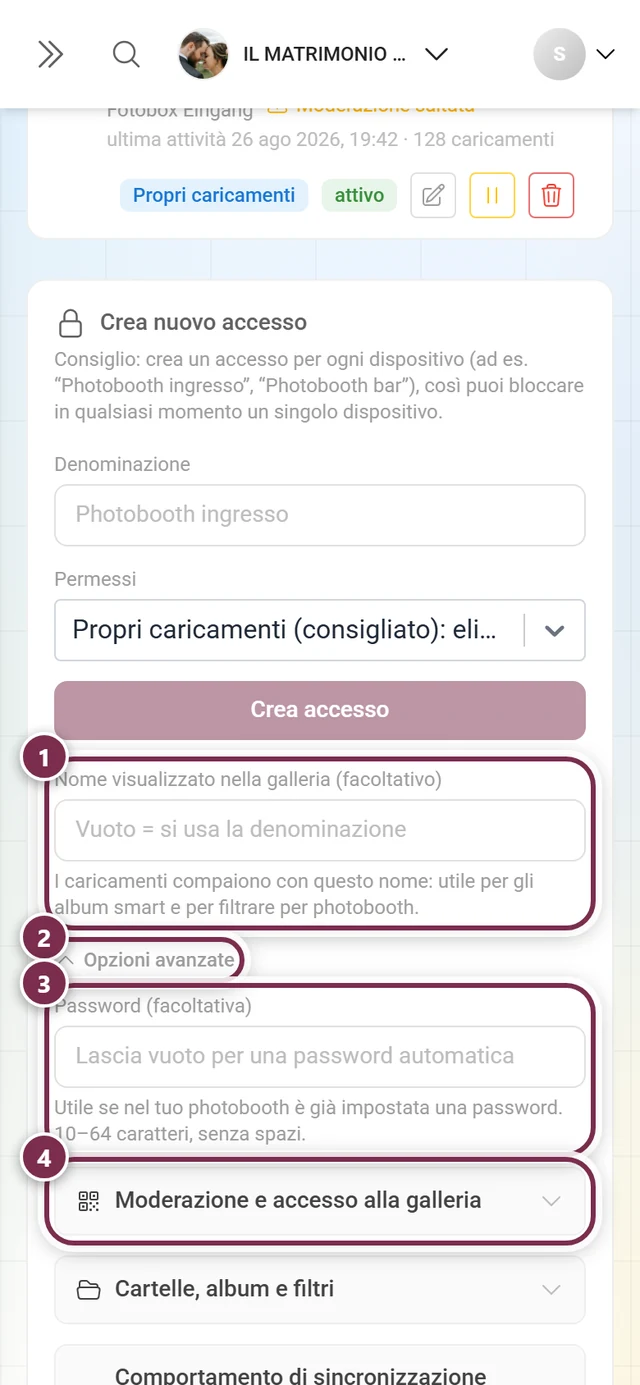 Modulo per un nuovo accesso con il nome visualizzato, l'area Opzioni avanzate, il campo password e il primo gruppo di opzioni evidenziati