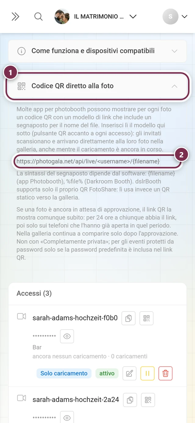 Area aperta Codice QR diretto alla foto con il modello di link evidenziato