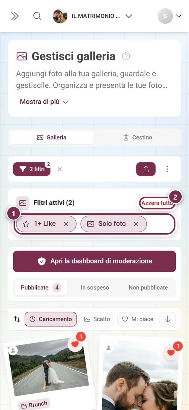 La barra Filtri attivi con due chip e il pulsante Azzera tutto