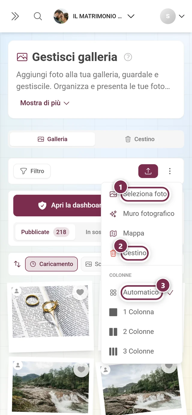 Menu a tre puntini aperto sullo smartphone con Seleziona foto, Muro fotografico, Mappa, Cestino e la scelta della dimensione
