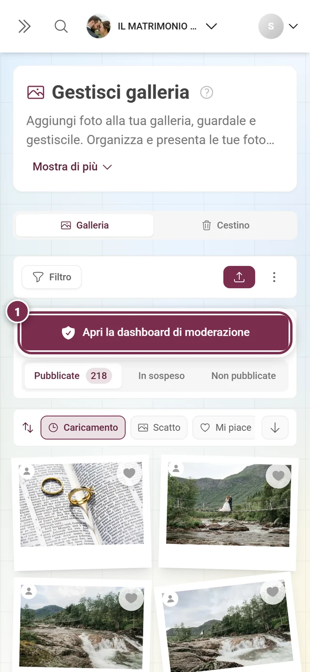 Pannello di moderazione sullo smartphone con il pulsante evidenziato Apri la dashboard di moderazione