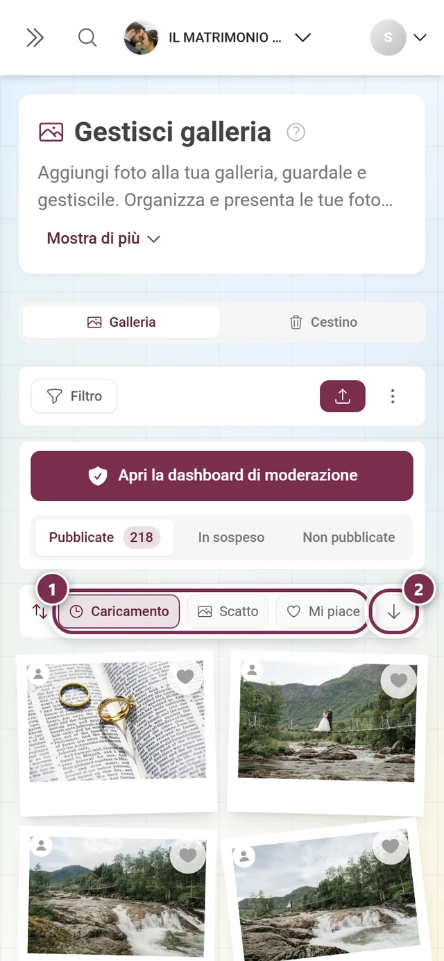 La barra di ordinamento con i criteri evidenziati e il pulsante della direzione evidenziato
