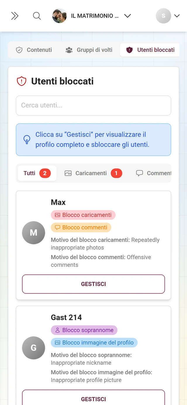 Scheda Utenti bloccati con le sottoschede e le persone bloccate con i badge dei blocchi