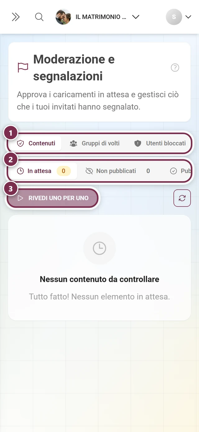 Pagina Approvazione e segnalazioni nell'area admin con le schede Contenuti, Utenti bloccati e Segnalazioni