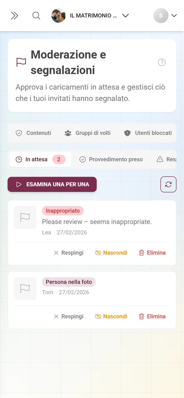 Scheda Segnalazioni con i contenuti segnalati, i badge dei motivi e le azioni Respingi, Nascondi ed Elimina