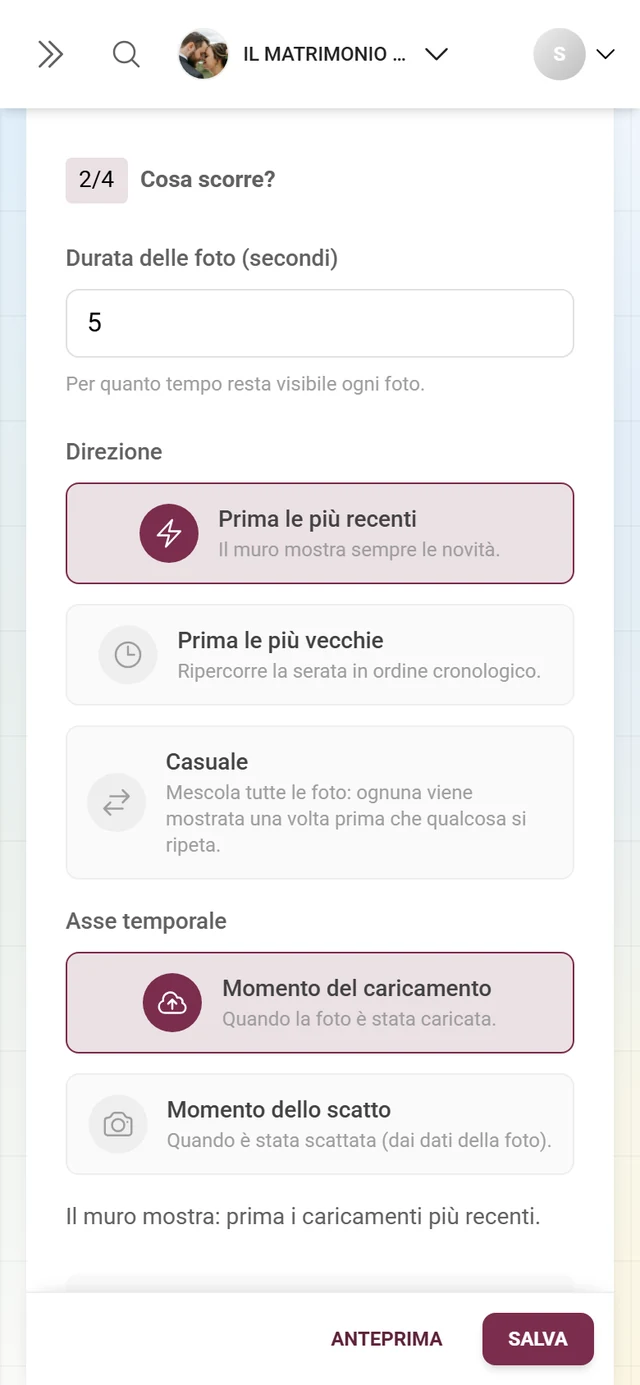Sezione 2/4 Cosa scorre con durata delle foto, direzione e asse temporale