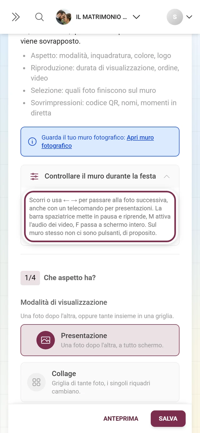 Sezione aperta Controllare il muro durante la festa con i tasti assegnati