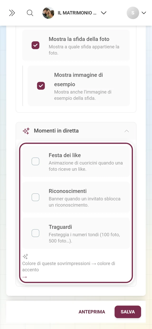 Sezione aperta Momenti in diretta con gli interruttori Festa dei like, Riconoscimenti e Traguardi