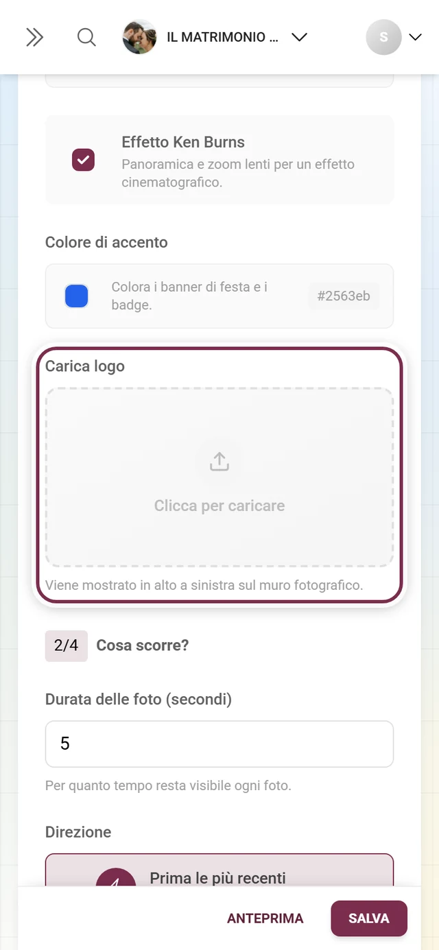 Campo di caricamento del logo del muro fotografico nella domanda 1 delle impostazioni del muro