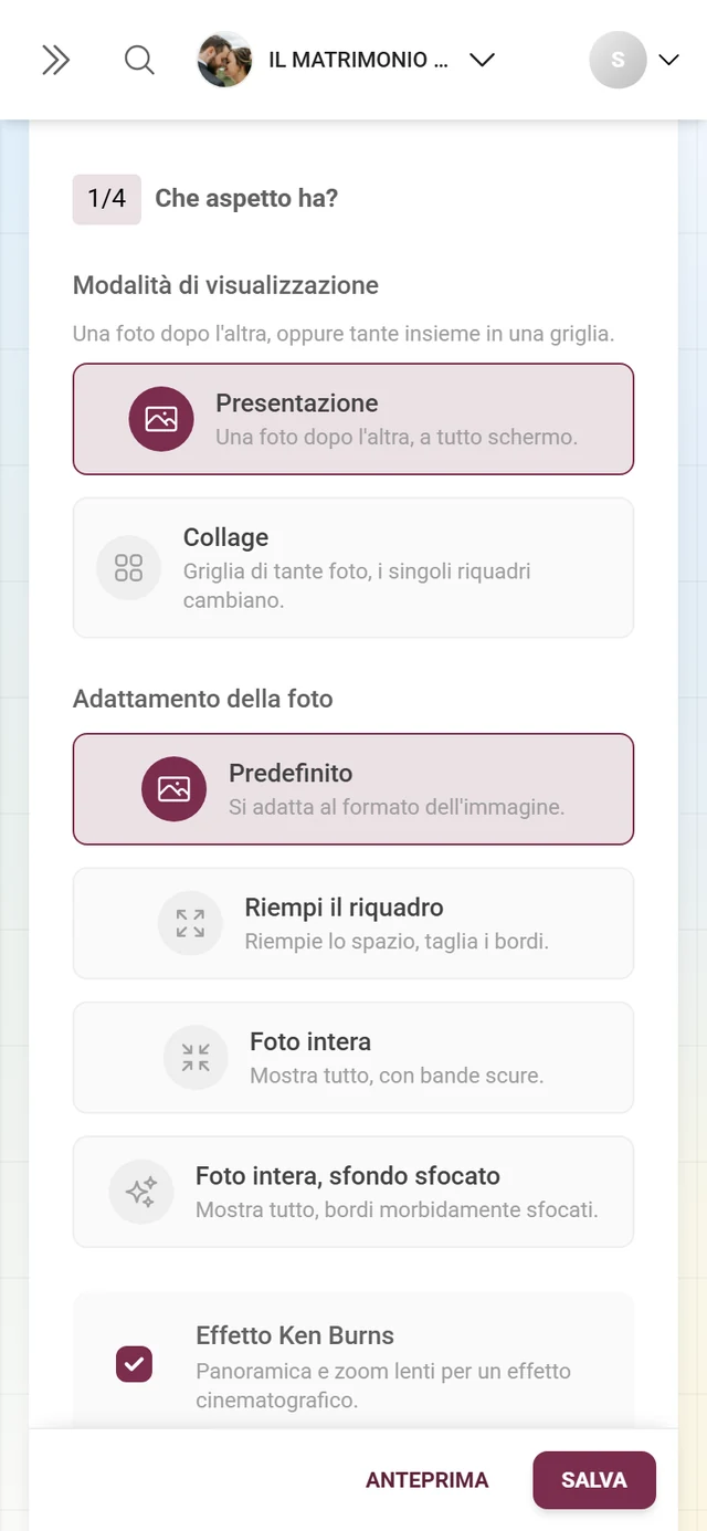 Sezione 1/4 Che aspetto ha con modalità di visualizzazione e adattamento della foto