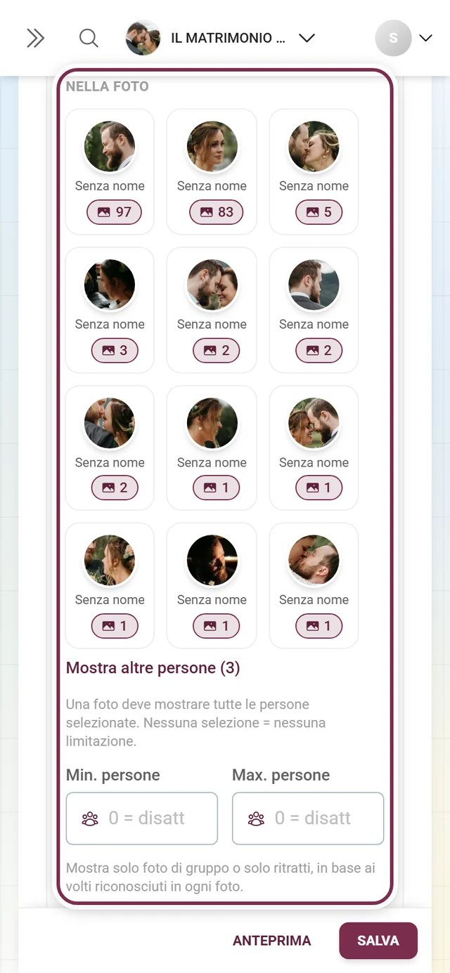 Sezione Persone nella scheda del muro fotografico con il filtro per persone oppure l'avviso sul riconoscimento facciale